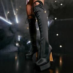 EGO No-Scrubs Lace Up Square Closed Toe Block Heel Over The Knee Thigh High Long Boot In Black Lycra -EGO Sales Store 03 11 22 ride21274 sq