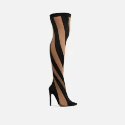 EGO Lilth Wrapped Panel Detail Pointed Toe Stiletto Heel Over The Knee Thigh High Sock Boot In Black Mesh -EGO Sales Store 04 07 221137