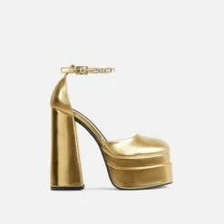 EGO So-Scandalous Diamante Strap Closed Square Toe Extreme Platform Block Heel In Gold Metallic Faux Leather
