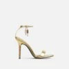 EGO Sunak Padlock Detail Square Toe Stiletto Heel In Gold Croc Print Faux Leather