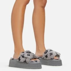EGO Chrie Velcro Strap Printed Detail Flatform Slipper In Grey Faux Fur -EGO Sales Store 06 01 23 fw41931 sq