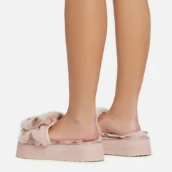 EGO Chrie Velcro Strap Printed Detail Flatform Slipper In Pink Faux Fur -EGO Sales Store 06 01 23 fw41938 sq