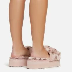 EGO Chrie Velcro Strap Printed Detail Flatform Slipper In Pink Faux Fur -EGO Sales Store 06 01 23 fw41939 sq