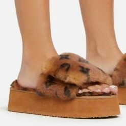 EGO Chrie Velcro Strap Printed Detail Flatform Slipper In Tan Brown Faux Fur -EGO Sales Store 06 01 23 fw41942 sq