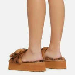EGO Chrie Velcro Strap Printed Detail Flatform Slipper In Tan Brown Faux Fur -EGO Sales Store 06 01 23 fw41943 sq