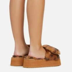 EGO Chrie Velcro Strap Printed Detail Flatform Slipper In Tan Brown Faux Fur -EGO Sales Store 06 01 23 fw41944 sq