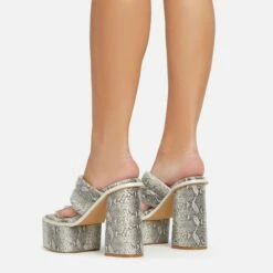 EGO Edge Padded Thong Strap Detail Square Toe Platform Block Heel Mule In Beige Snake Print Faux Leather -EGO Sales Store 06 01 23 fw42038 sq