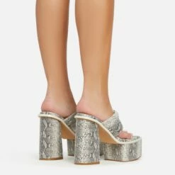 EGO Edge Padded Thong Strap Detail Square Toe Platform Block Heel Mule In Beige Snake Print Faux Leather -EGO Sales Store 06 01 23 fw42041 sq