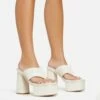 EGO Edge Padded Thong Strap Detail Square Toe Platform Block Heel Mule In Cream Faux Leather -EGO Sales Store 06 01 23 fw42048 sq