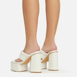 EGO Edge Padded Thong Strap Detail Square Toe Platform Block Heel Mule In Cream Faux Leather -EGO Sales Store 06 01 23 fw42050 sq