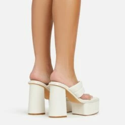 EGO Edge Padded Thong Strap Detail Square Toe Platform Block Heel Mule In Cream Faux Leather -EGO Sales Store 06 01 23 fw42051 sq