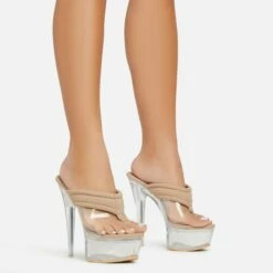 EGO Serena Padded Thong Strap Clear Perspex Platform Stiletto Heel Mule In Nude Nylon -EGO Sales Store 06 01 23 fw42053 s
