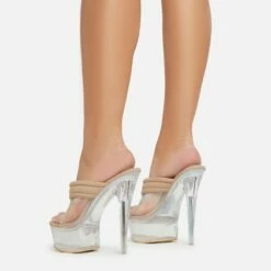 EGO Serena Padded Thong Strap Clear Perspex Platform Stiletto Heel Mule In Nude Nylon -EGO Sales Store 06 01 23 fw42055 sb