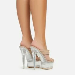 EGO Serena Padded Thong Strap Clear Perspex Platform Stiletto Heel Mule In Nude Nylon -EGO Sales Store 06 01 23 fw42056 sb2