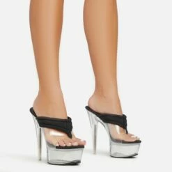 EGO Serena Padded Thong Strap Clear Perspex Platform Stiletto Heel Mule In Black Nylon -EGO Sales Store 06 01 23 fw42058 s