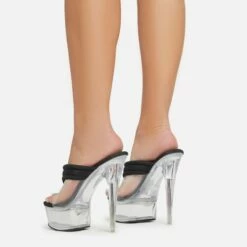 EGO Serena Padded Thong Strap Clear Perspex Platform Stiletto Heel Mule In Black Nylon -EGO Sales Store 06 01 23 fw42060 sb