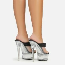 EGO Serena Padded Thong Strap Clear Perspex Platform Stiletto Heel Mule In Black Nylon -EGO Sales Store 06 01 23 fw42061 sb2