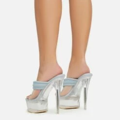 EGO Serena Padded Thong Strap Clear Perspex Platform Stiletto Heel Mule In Blue Denim -EGO Sales Store 06 01 23 fw42065 sb