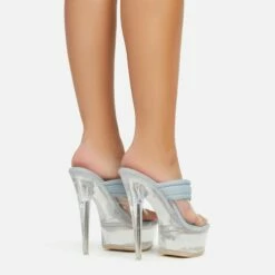 EGO Serena Padded Thong Strap Clear Perspex Platform Stiletto Heel Mule In Blue Denim -EGO Sales Store 06 01 23 fw42066 sb2