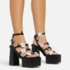 EGO Pansy Triple Strap 3D Flower Detail Platform Block Heel In Black Faux Leather -EGO Sales Store 06 01 23 fw42072 s