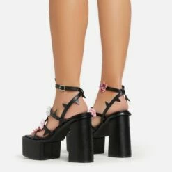 EGO Pansy Triple Strap 3D Flower Detail Platform Block Heel In Black Faux Leather -EGO Sales Store 06 01 23 fw42075 sb