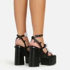 EGO Pansy Triple Strap 3D Flower Detail Platform Block Heel In Black Faux Leather -EGO Sales Store 06 01 23 fw42076 sb