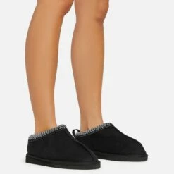 EGO Catch-Up White Aztec Detail Faux Fur Lining Flat Slipper In Black Faux Suede -EGO Sales Store 06 01 23 fw42088 sq