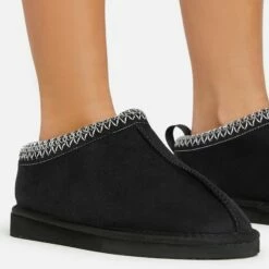 EGO Catch-Up White Aztec Detail Faux Fur Lining Flat Slipper In Black Faux Suede -EGO Sales Store 06 01 23 fw42089 sq