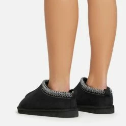 EGO Catch-Up White Aztec Detail Faux Fur Lining Flat Slipper In Black Faux Suede -EGO Sales Store 06 01 23 fw42090 sq