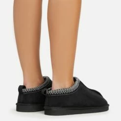 EGO Catch-Up White Aztec Detail Faux Fur Lining Flat Slipper In Black Faux Suede -EGO Sales Store 06 01 23 fw42091 sq