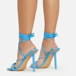 EGO Tiana Lace Up Double Strap Square Toe Stiletto Heel In Blue Faux Leather -EGO Sales Store 06 01 23 fw42127 sb2