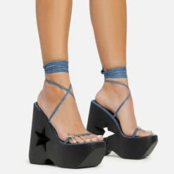 EGO Starry-Eyed Lace Up Star Detail Platform Wedge Heel In Blue Denim Faux Leather -EGO Sales Store 06 01 23 fw42139 s