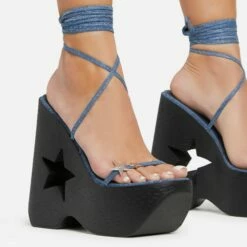 EGO Starry-Eyed Lace Up Star Detail Platform Wedge Heel In Blue Denim Faux Leather -EGO Sales Store 06 01 23 fw42141 sq