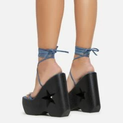 EGO Starry-Eyed Lace Up Star Detail Platform Wedge Heel In Blue Denim Faux Leather -EGO Sales Store 06 01 23 fw42142 sb