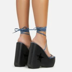 EGO Starry-Eyed Lace Up Star Detail Platform Wedge Heel In Blue Denim Faux Leather -EGO Sales Store 06 01 23 fw42143 sb2