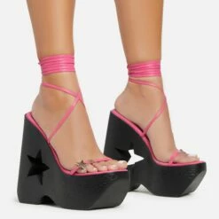 EGO Starry-Eyed Lace Up Star Detail Platform Wedge Heel In Pink Faux Leather -EGO Sales Store 06 01 23 fw42145 s