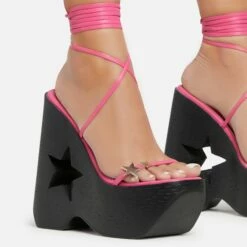 EGO Starry-Eyed Lace Up Star Detail Platform Wedge Heel In Pink Faux Leather -EGO Sales Store 06 01 23 fw42146 sq