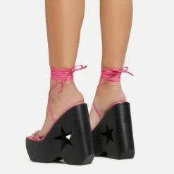 EGO Starry-Eyed Lace Up Star Detail Platform Wedge Heel In Pink Faux Leather -EGO Sales Store 06 01 23 fw42147 sb