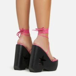EGO Starry-Eyed Lace Up Star Detail Platform Wedge Heel In Pink Faux Leather -EGO Sales Store 06 01 23 fw42148 sb2