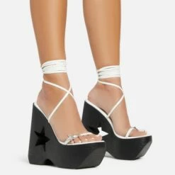 EGO Starry-Eyed Lace Up Star Detail Platform Wedge Heel In White Faux Leather -EGO Sales Store 06 01 23 fw42149 s