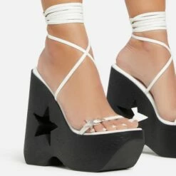EGO Starry-Eyed Lace Up Star Detail Platform Wedge Heel In White Faux Leather -EGO Sales Store 06 01 23 fw42151 sq