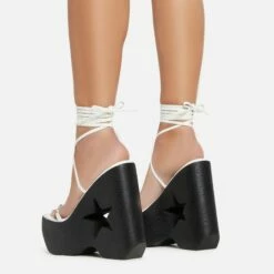 EGO Starry-Eyed Lace Up Star Detail Platform Wedge Heel In White Faux Leather -EGO Sales Store 06 01 23 fw42152 sb