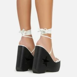 EGO Starry-Eyed Lace Up Star Detail Platform Wedge Heel In White Faux Leather -EGO Sales Store 06 01 23 fw42153 sb2