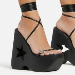 EGO Starry-Eyed Lace Up Star Detail Platform Wedge Heel In Black Faux Leather -EGO Sales Store 06 01 23 fw42156 sq