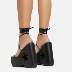 EGO Starry-Eyed Lace Up Star Detail Platform Wedge Heel In Black Faux Leather -EGO Sales Store 06 01 23 fw42157 sb