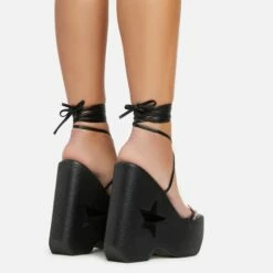 EGO Starry-Eyed Lace Up Star Detail Platform Wedge Heel In Black Faux Leather -EGO Sales Store 06 01 23 fw42158 sb2