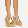 EGO After-Hours Peep Toe Cork Platform Wedge Heel Mule In Gold Faux Leather