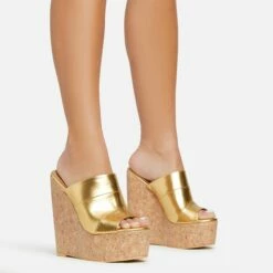 EGO After-Hours Peep Toe Cork Platform Wedge Heel Mule In Gold Faux Leather