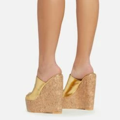 EGO After-Hours Peep Toe Cork Platform Wedge Heel Mule In Gold Faux Leather -EGO Sales Store 06 01 23 fw42168 sq