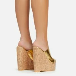 EGO After-Hours Peep Toe Cork Platform Wedge Heel Mule In Gold Faux Leather -EGO Sales Store 06 01 23 fw42169 sq